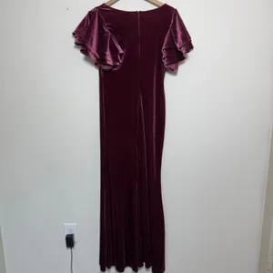 Ricarica Women Maxi Velour Maxi Dress XL Burgundy Ruffle Thigh Slit Formal Gala thumbnail 9
