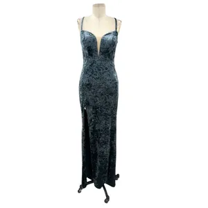 La Femme 25659 Strappy Plunging Velvet Slit Dress‎ Gown Blue Size 6 thumbnail 3