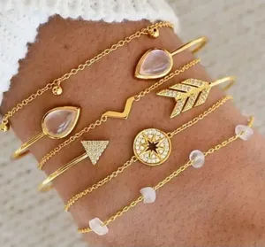 Gold Arrow Stacking Bracelets Bohemian Stone Beads Chains Fashion 6-pc Jewelry thumbnail 1