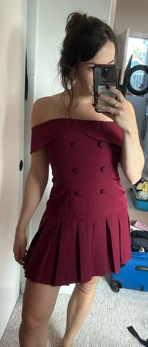 Boohoo Burgundy off the shoulder dress thumbnail 1