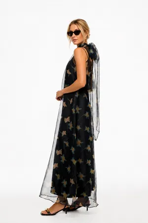 STAUD Black Mesh White Design Overlay Mock Neck Bow Tie Back Albee Gown sz Small thumbnail 2