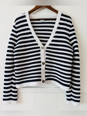 J. Crew Navy and White Striped V-Neck Button Cardigan thumbnail 2