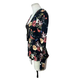 Anthropologie Farm‎ Rio Top Blouse Long Sleeve Jersey Floral Print Black Size XS thumbnail 7