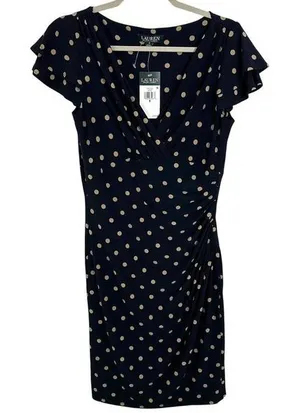 Lauren Ralph Lauren Navy Blue Tan Polka Dot Ruched Sheath Dress‎ Size 8 NWT thumbnail 1