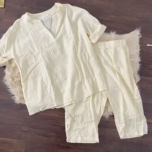 Butter Yellow Cream New Lightweight Capri & Tunic Shirt Matching Set L thumbnail 1