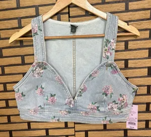Wild‎ Fable Denim Floral Crop Top Size Medium thumbnail 1