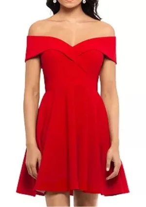 XSCAPE Red Off The Shoulder Fit & Flare Mini‎ Formal Dress Women’s Sz 10 thumbnail 1