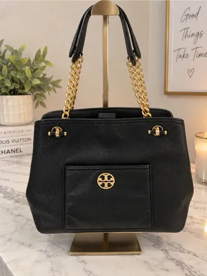 Tory Burch Black Pebbled Leather Chain Handle Tote Bag thumbnail 1