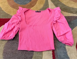 Zara Women Pink Puff Sleeve Ribbed Square Neck Crop Top Preppy Style Size Medium thumbnail 1