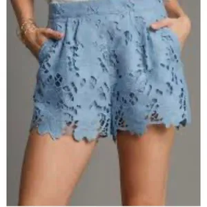 Umgee NWT Womens Blue Floral Eyelet Lace Scallop Hem High Rise Shorts L Feminine thumbnail 1