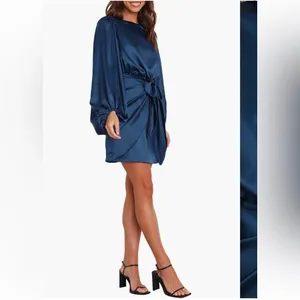 Petal & Pup Opal Tie Waist Long Sleeve Satin Minidress thumbnail 4