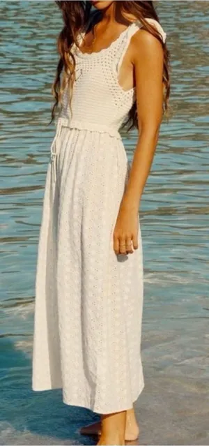 Zara Crochet Eyelet Midi Dress Cream XS Beachy Boho Cottagecore Vacay Hippie thumbnail 1