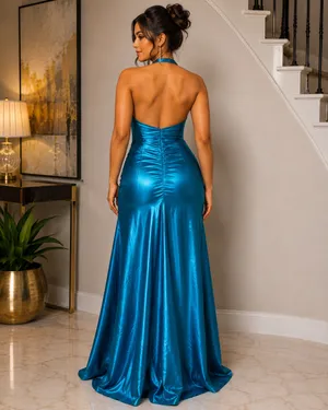 Cache Teal Beaded Halter High-Low Satin Dress thumbnail 2