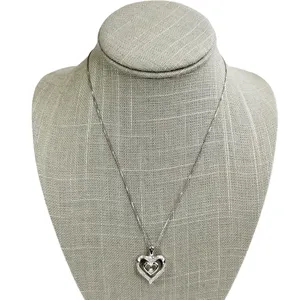 Diamond Double Heart Sterling Silver Box Chain Pendant Necklace thumbnail 4