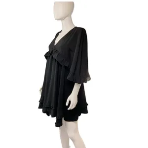 Entro Black Ruffled 3/4 Sleeve V Neck Babydoll ‎ Tiered Short Dress NWT Size M thumbnail 4
