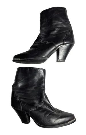 Vtg 1980s Black Leather Scalloped Detail Pointed Toe Block Heel Western Boots 7 thumbnail 1