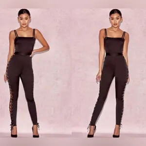 House Of CB, 'Tsarina' Black Satin Jumpsuit With Side Lace Ups thumbnail 5