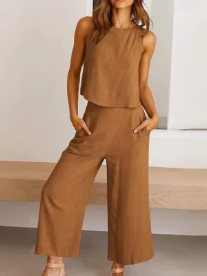 NWT Harper & Lane 2 piece brown sleevless top & wide leg bottom set size S thumbnail 3