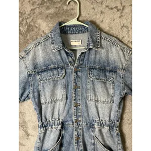 Free People Marci Denim Cuffed‎ Romper Blue Button Front Utility Shortalls Small thumbnail 2