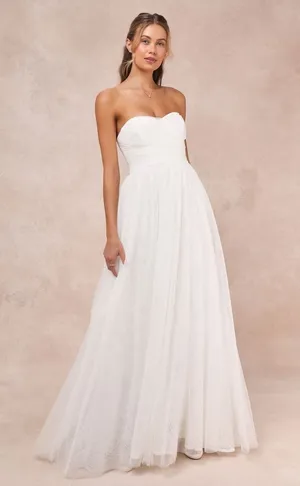 NWT Lulus Blissful Forever White Tulle Lace Strapless Pleated Maxi Dress Size S thumbnail 1