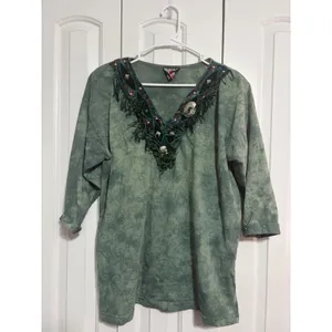 B.U.S.‎ Top Western Boho Green Tie Dye Fringe Studded Concho OS thumbnail 2