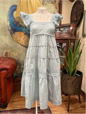 KARLIE Light Blue Cotton Smocked Tiered Ruffle Dress Midi Cottagecore Pockets M thumbnail 3
