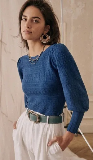 NWT La Maille Sezane Roma in Horizon Blue Textured Pointelle Knit Sweater Top XS thumbnail 1
