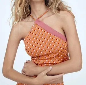 ZARA NWT asymmetrical colorful retro spaghetti bandana tank top orange size med thumbnail 2