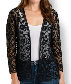 Vintage Laurence Kazar Black Beaded Lace Sheer Open Front Evening Jacket Romance thumbnail 1