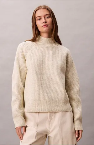 Calvin Klein Soft Ribbed Knit Jumper, wool blend, Small ivory/grey Minimalist thumbnail 1