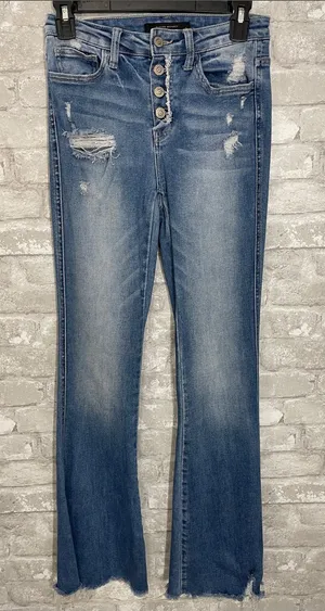 Vervet Flying Monkey Medium Blue Distressed Button-Fly High Rise Flare Jeans thumbnail 1