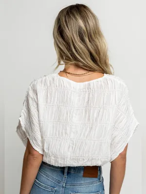 Boheme Alma Smocked SS Blouse White Boxy Summer Buttons Crisp Boho NWT thumbnail 5