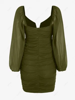Zaful Olive Green Ruched Sheer Mesh Bodycon Dress Size Size L thumbnail 2