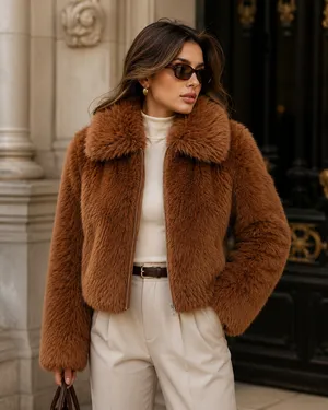 Abercrombie & Fitch Women’s XS Brown Faux Fur Cropped Jacket Zip Chic Glam Y2K thumbnail 1