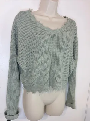 Moon & Madison Waffle Knit Crop Sweater Sage Green Distressed Hem Size M thumbnail 5