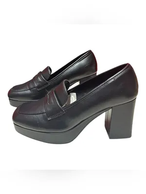 Urban Outfitters black loafers high block 3.5” heel thick platform sole thumbnail 3