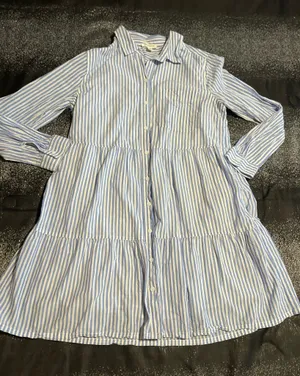 Womens large beachlunchlounge blue/white striped long sleeve tiered shirt dress. thumbnail 2