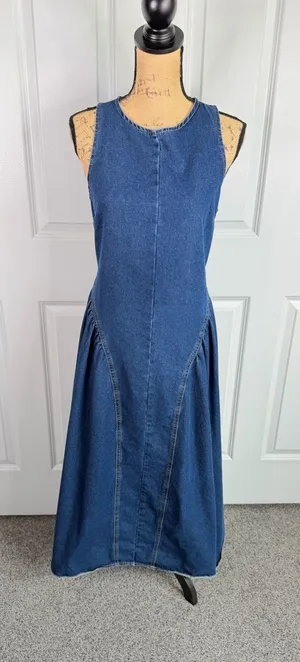 Poselle Denim Open Back Maxi Dress Size L Cotton Blend Sleeveless A-Line Dress thumbnail 1