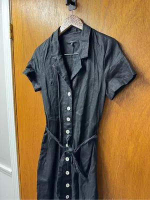 Quince 100% European Linen Button Front Short Sleeve Tie Midi Dress Black Small thumbnail 10