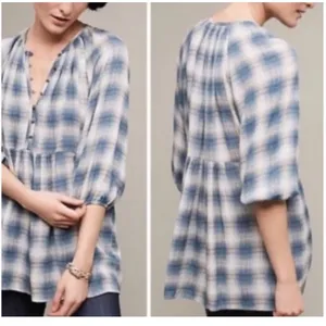 Maeve Plaid Babydoll Tunic‎ Top Henley Button Front Blue Cream Plaid Womens XS thumbnail 3