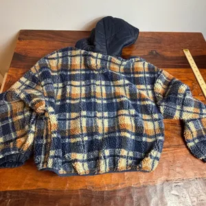 Altard State Plaid Sherpa Fleece Cropped Hooded Jacket Women's Small Navy Orange thumbnail 6