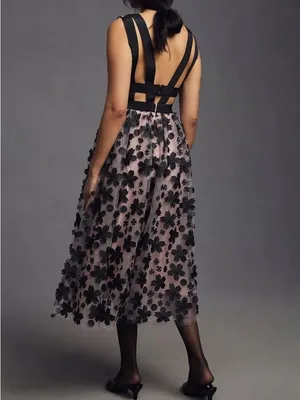 Anthropologie 3D Black Floral Printed Tulle Dress Size: 4 thumbnail 2