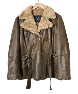 Vintage Leather Jacket Genuine Leather Brown Faux Fur Trim Belted Size XL thumbnail 1