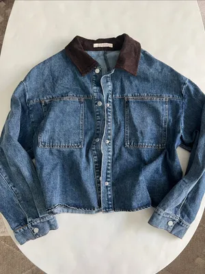 OLIVACEOUS Blue Denim Oversized Lightweight Barn Jacket Brown Corduroy Collar M thumbnail 1
