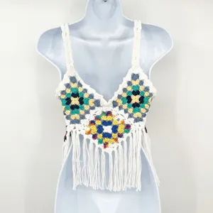 Womens‎ Crochet Granny Square Boho Festival Coachella Beach Fringe Crop Top OS thumbnail 5