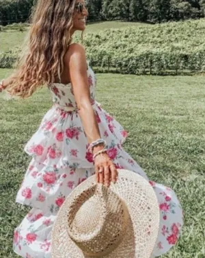 Love Shack Fancy Floral Tiered Dress with Pink Roses thumbnail 1