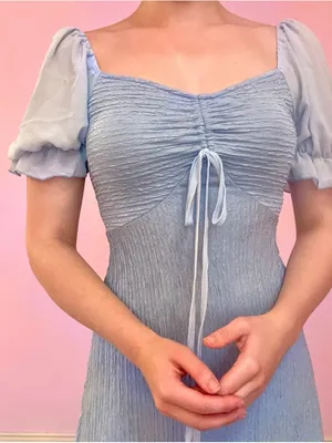 Light Blue Puff Sleeve Ruched Front Dress thumbnail 5