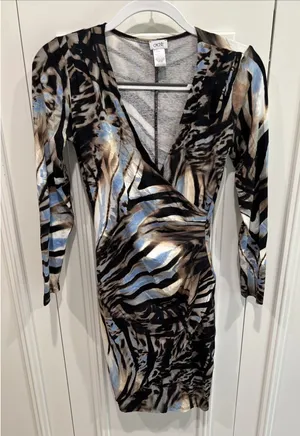 Vintage Cache Faux Wrap Dress Size Small Animal‎ Zebra Print Long Sleeve Stretch thumbnail 1