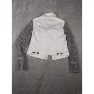 Free People Women's Cotton Denim‎ Jean Woven Knit Sleeves Jacket White Gray Xs thumbnail 6