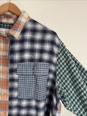 American Eagle Fall Plaid Patchwork Ragged Eclectic Grandpa Flannel Shirt sz L thumbnail 3
